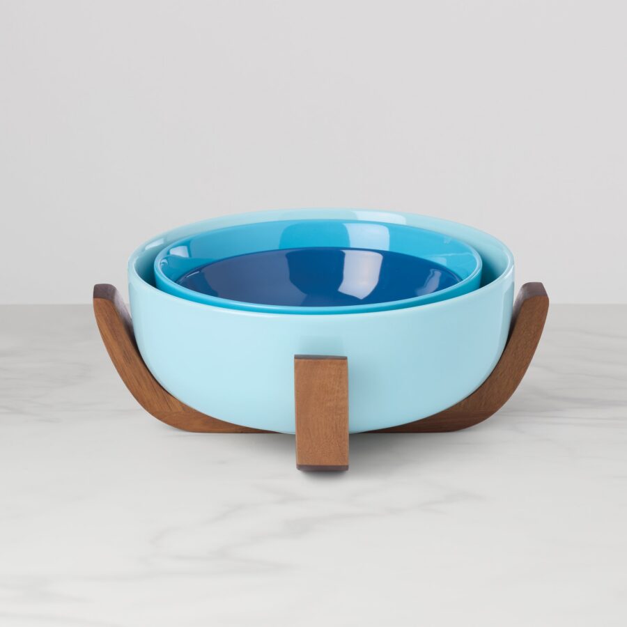 Ombre Turquoise Nesting Bowl Set with Wood Stand, 3-Piece