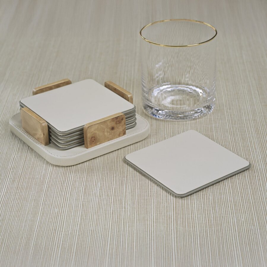 Ivory Leather and Burl Veneer Coasters - Set of 6
