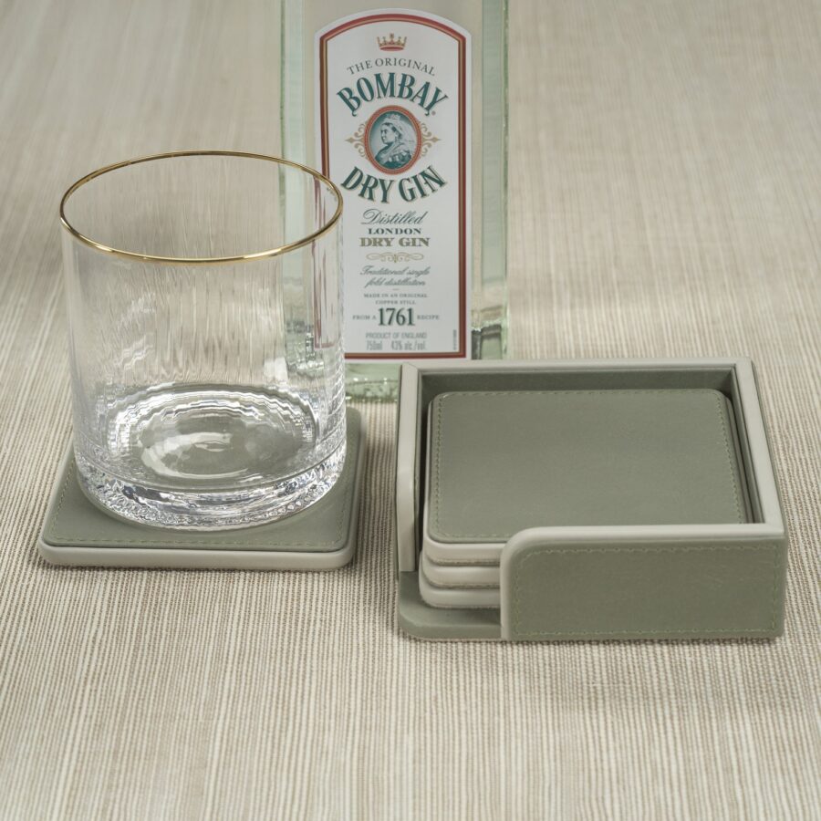 Sage and Gray Leather Coasters - Set of 4